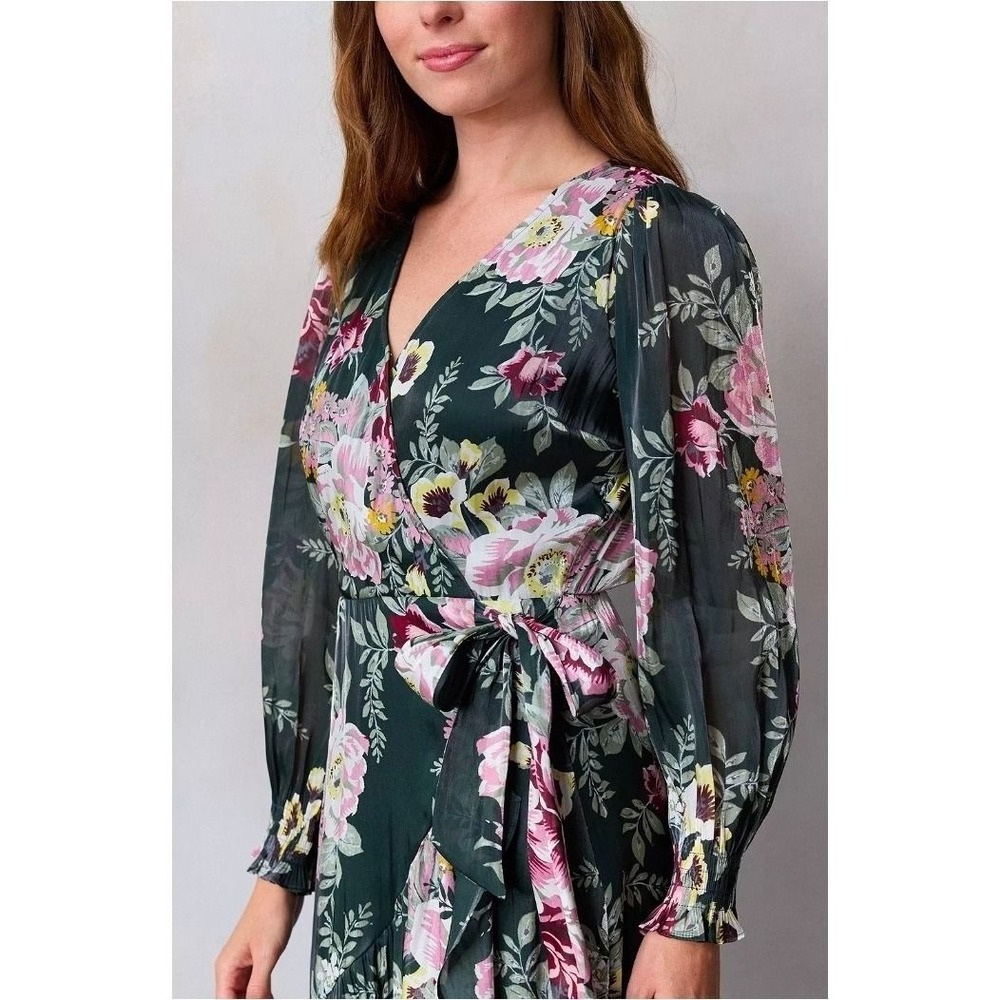 LC Lauren Conrad Floral Wrap Maxi Dress Green Pink Long Sleeve Smocked M - Picture 3 of 6